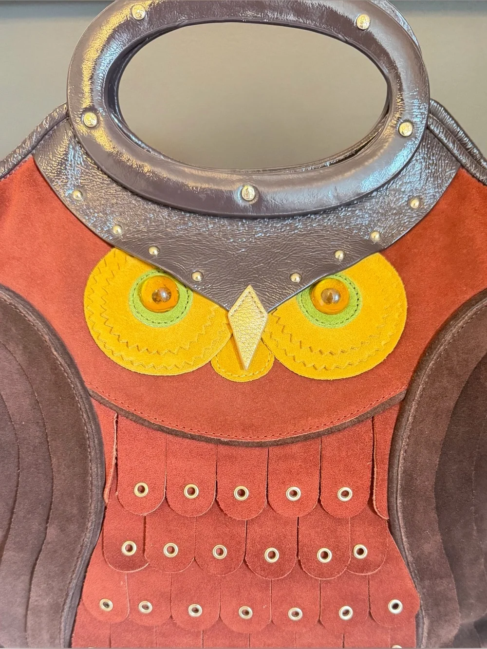 Kate Spade Owl Bag Maximillian Maxwell Brown Suede Patent Handle Tote Vtg MINT